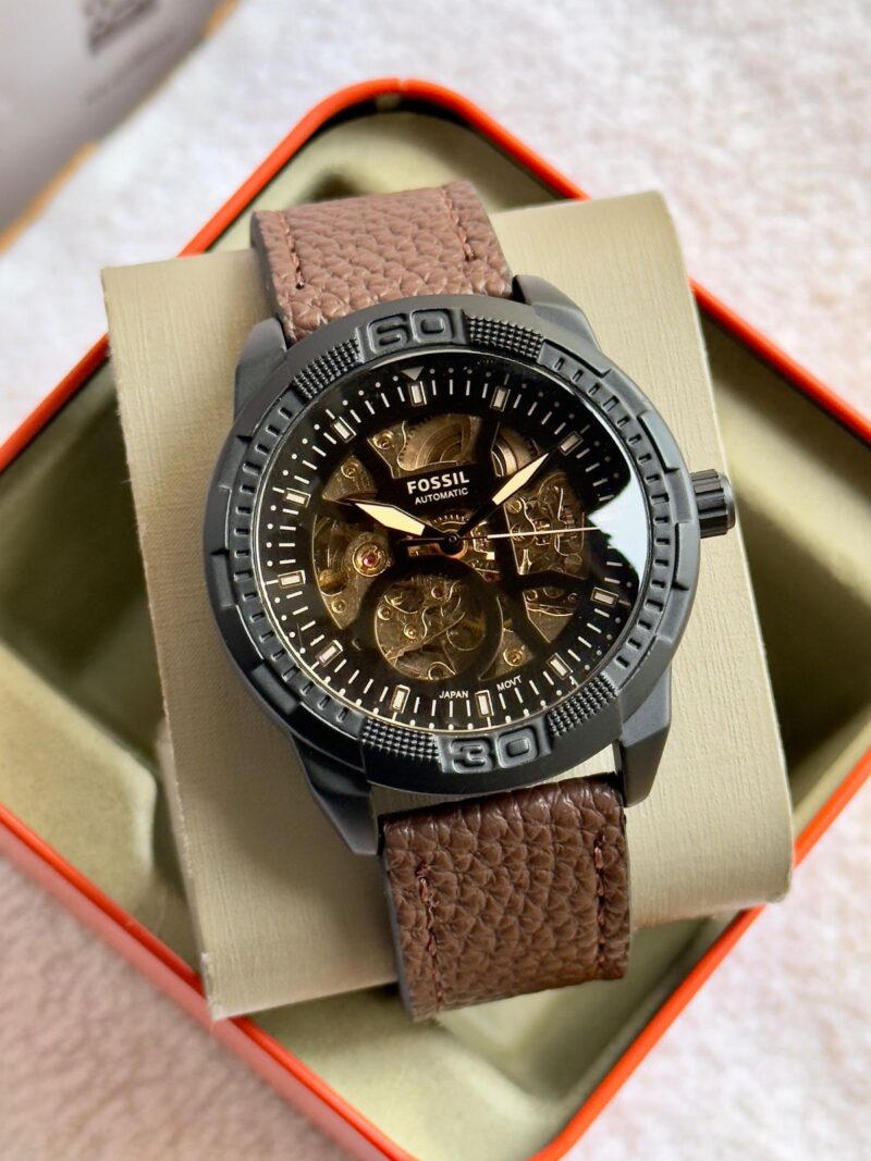 First copy Bronson skeleton watch – brown leather strap automatic design.
