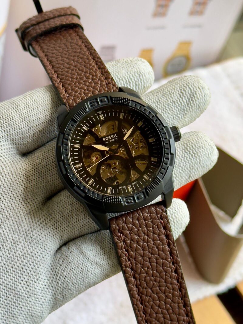 Fossil-Bronson First copy automatic watch – skeleton dial with leather strap.