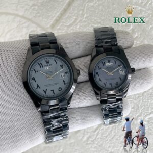 Rolex Day-Date First copy slim couple watch set – gold PVD with black bezel, men’s & ladies’ design.