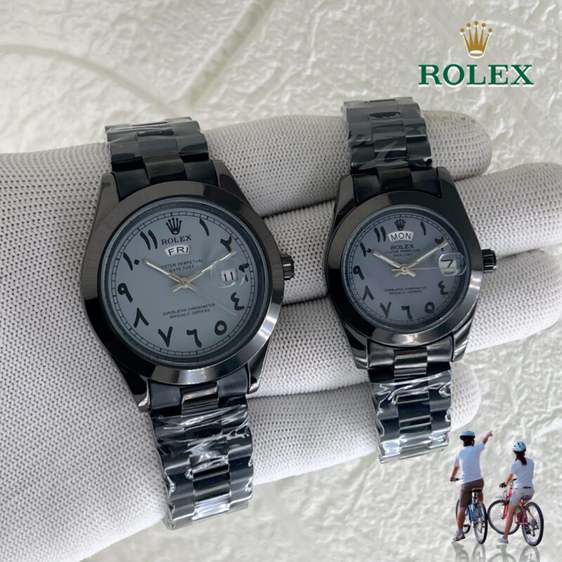 Rolex Day-Date First copy slim couple watch set – gold PVD with black bezel, men’s & ladies’ design.