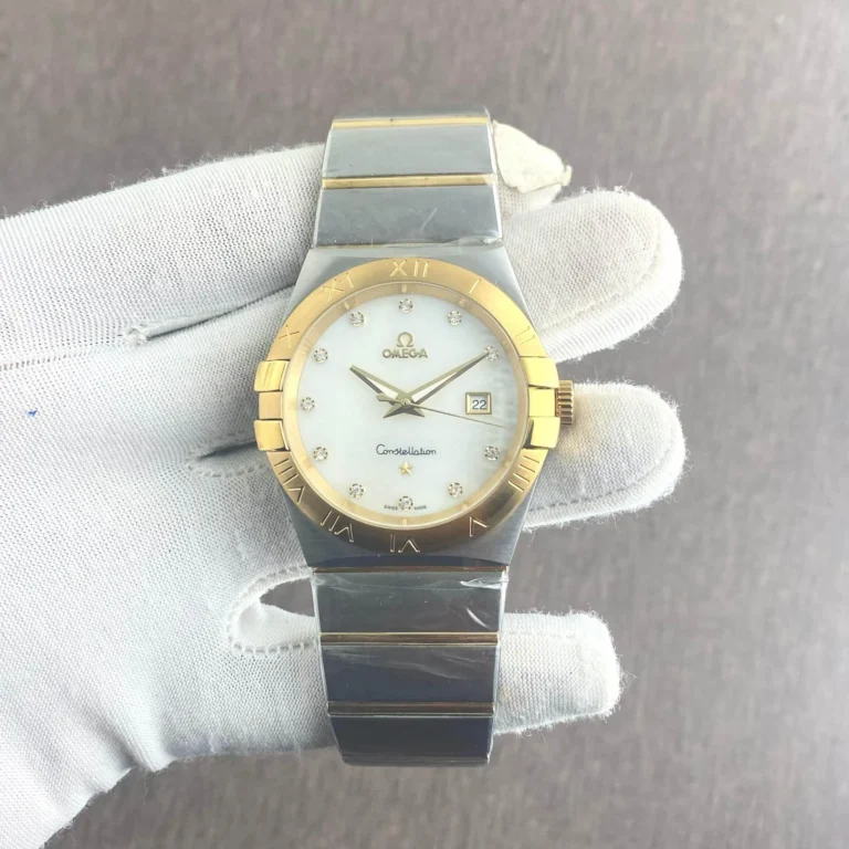 Omega Constellation first copy men’s watch – stainless steel case, chronograph, date indicator, quartz movement.
