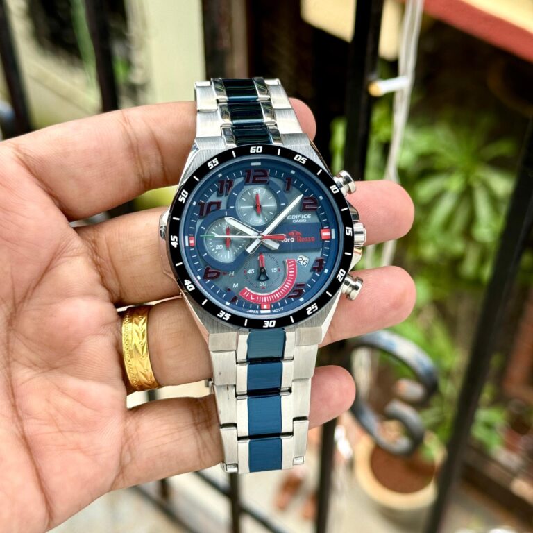 Casio Edifice Scuderia Toro Rosso EQS-920TR-2A first copy men’s watch – 56MM, blue dial, stainless steel bracelet.