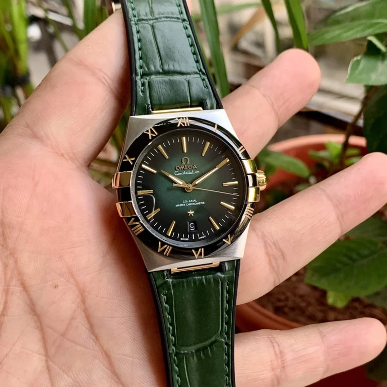 Omega Constellation 41 Green first copy men’s watch – 41MM, green dial, gold case, leather strap, automatic movement.
