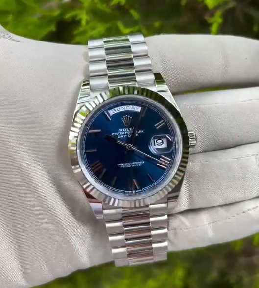 Rolex Day-Date Blue 43 First Copy Watch full shot on man hand wearing gloves