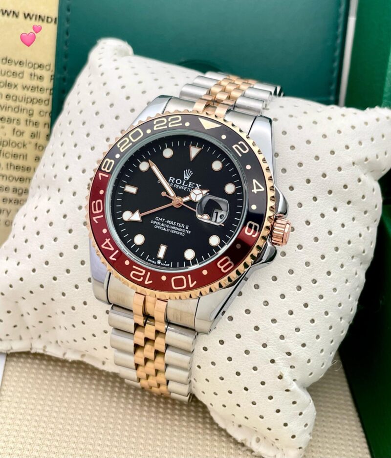Close shot on watch pillow of Rolex GMT Master II Quartz First Copy Watch