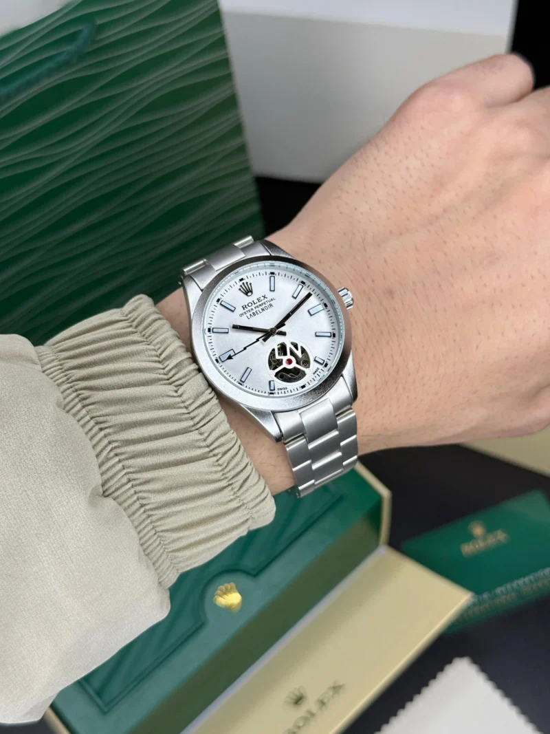 Rolex Labelnoir Open Back Automatic White Dial First Copy Watch on a man wrist