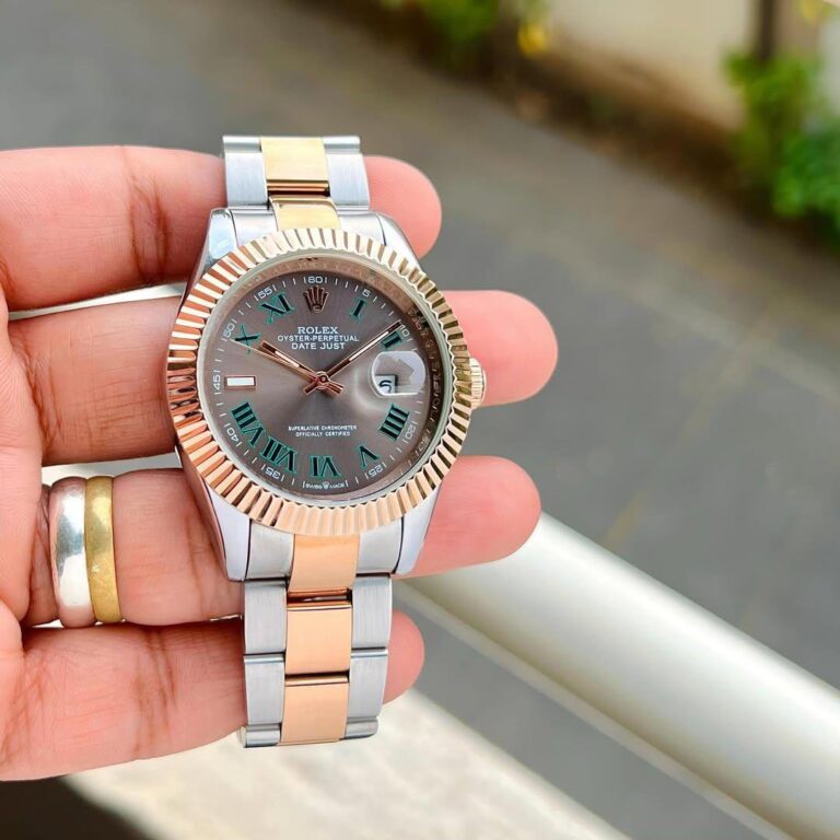 Man showcasing Rolex Wimbledon's 41mm First Copy Watch - Grey Dial on this fingers