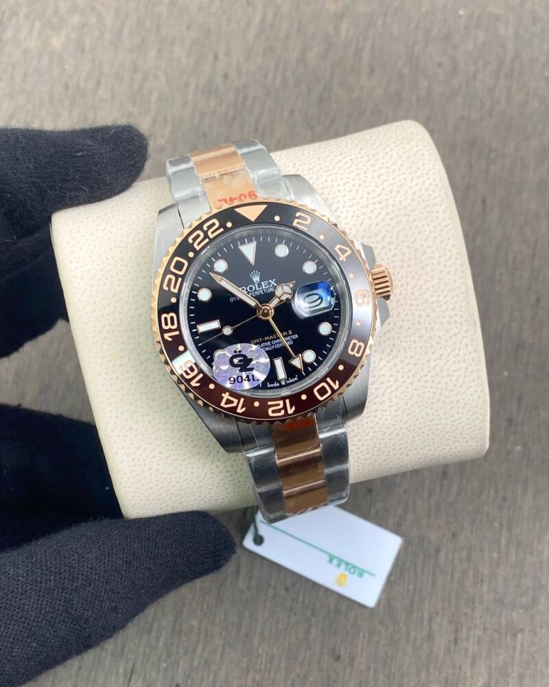 Rolex GMT Master II Root Beer Swiss Semi 3285 First Copy Watch on a soft watch case pillow