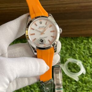 Showcasing Rolex Milgauss White First Copy Watch with both oyster bracelet and fiber