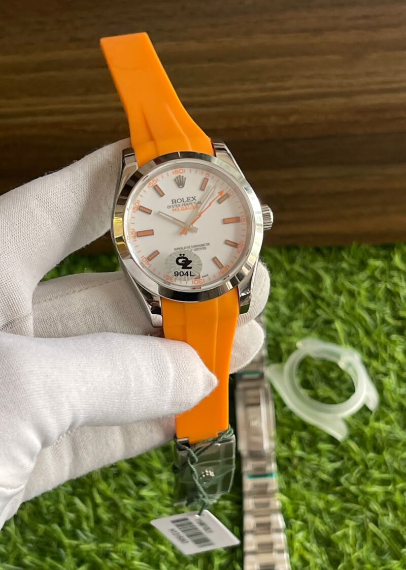 Showcasing Rolex Milgauss White First Copy Watch with both oyster bracelet and fiber