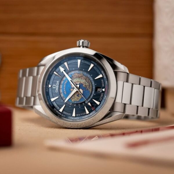 Omega Aqua Terra World Timer first copy men’s watch – 43MM, stainless steel case, world map dial, automatic.