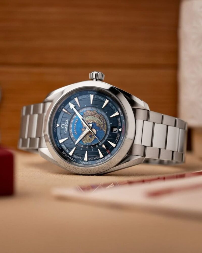Omega Aqua Terra World Timer first copy men’s watch – 43MM, stainless steel case, world map dial, automatic.