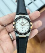 Omega Constellation White Dial 41MM first copy men’s watch – rosegold bezel, leather strap, automatic.