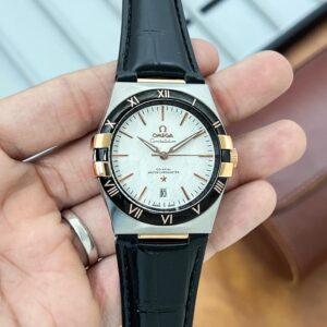 Omega Constellation White Dial 41MM first copy men’s watch – rosegold bezel, leather strap, automatic.