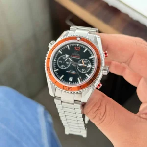 Omega Seamaster Planet Ocean – orange bezel, black dial.
