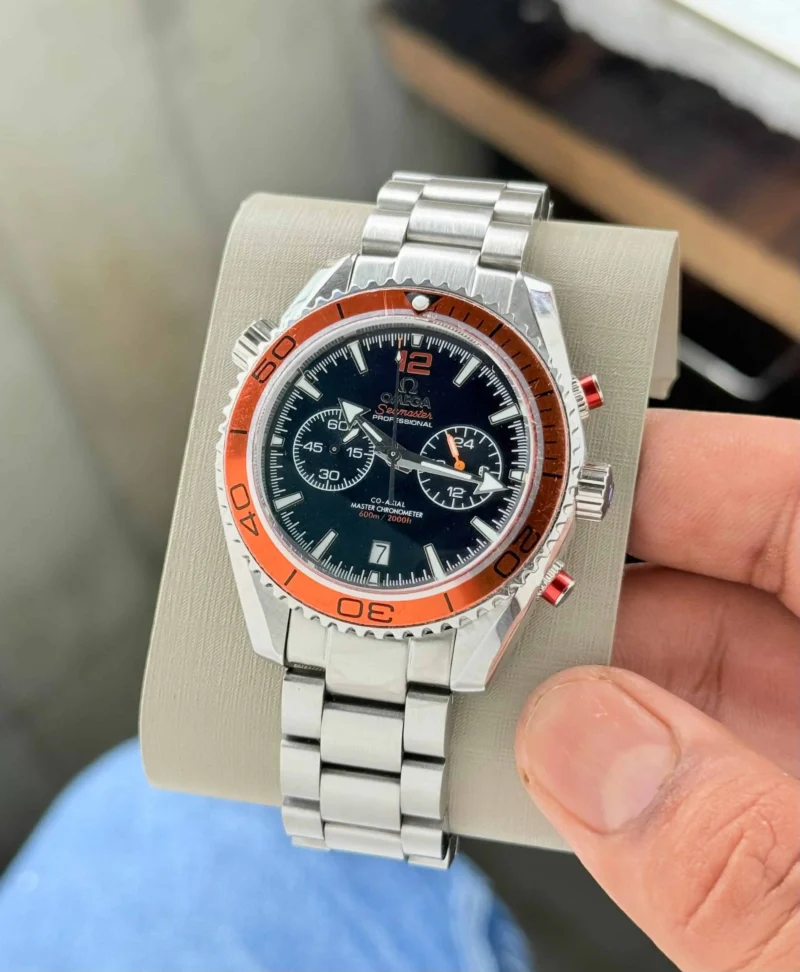 Omega Seamaster Planet Ocean 600M first copy men’s watch – 45.5MM, orange bezel, black dial, quartz chronograph.