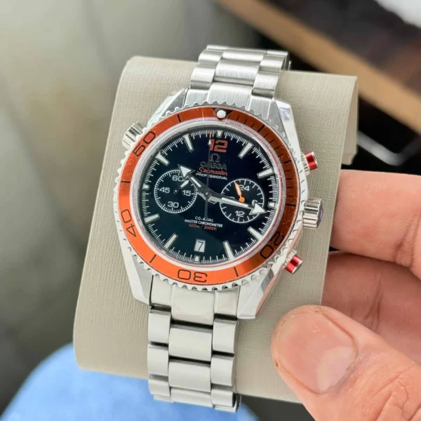 Omega Seamaster Planet Ocean 600M first copy men’s watch – 45.5MM, orange bezel, black dial, quartz chronograph.
