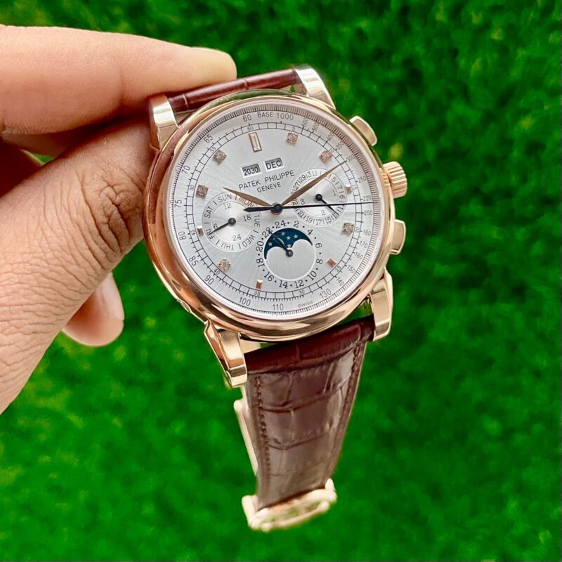 Patek Philippe 5970R first copy– rose gold case, brown leather strap.