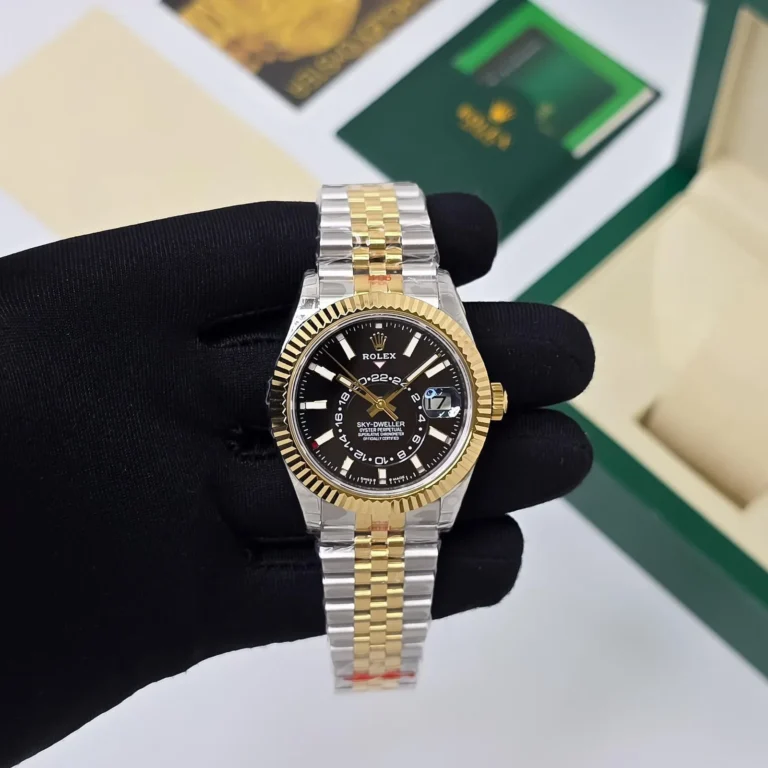 Rolex sky dweller black dial first copy watch two tone strap