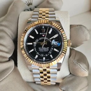 Rolex sky dweller black dial first copy watch two tone strap