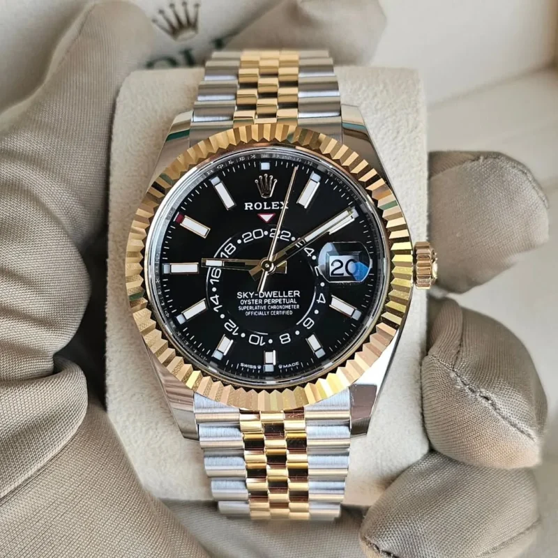 Rolex sky dweller black dial first copy watch two tone strap