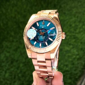 Rolex sky dweller rose gold blue dial yz first copy watch close shot