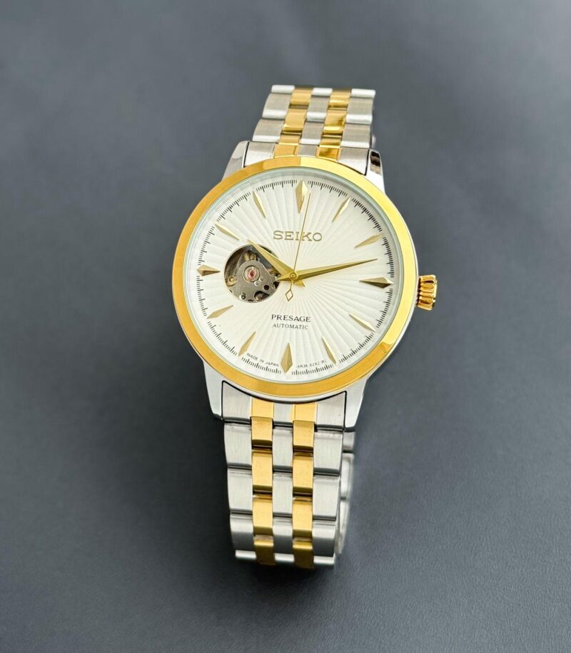 Seiko Presage Open Heart first copy men’s watch – 43MM, two-tone strap, automatic movement.