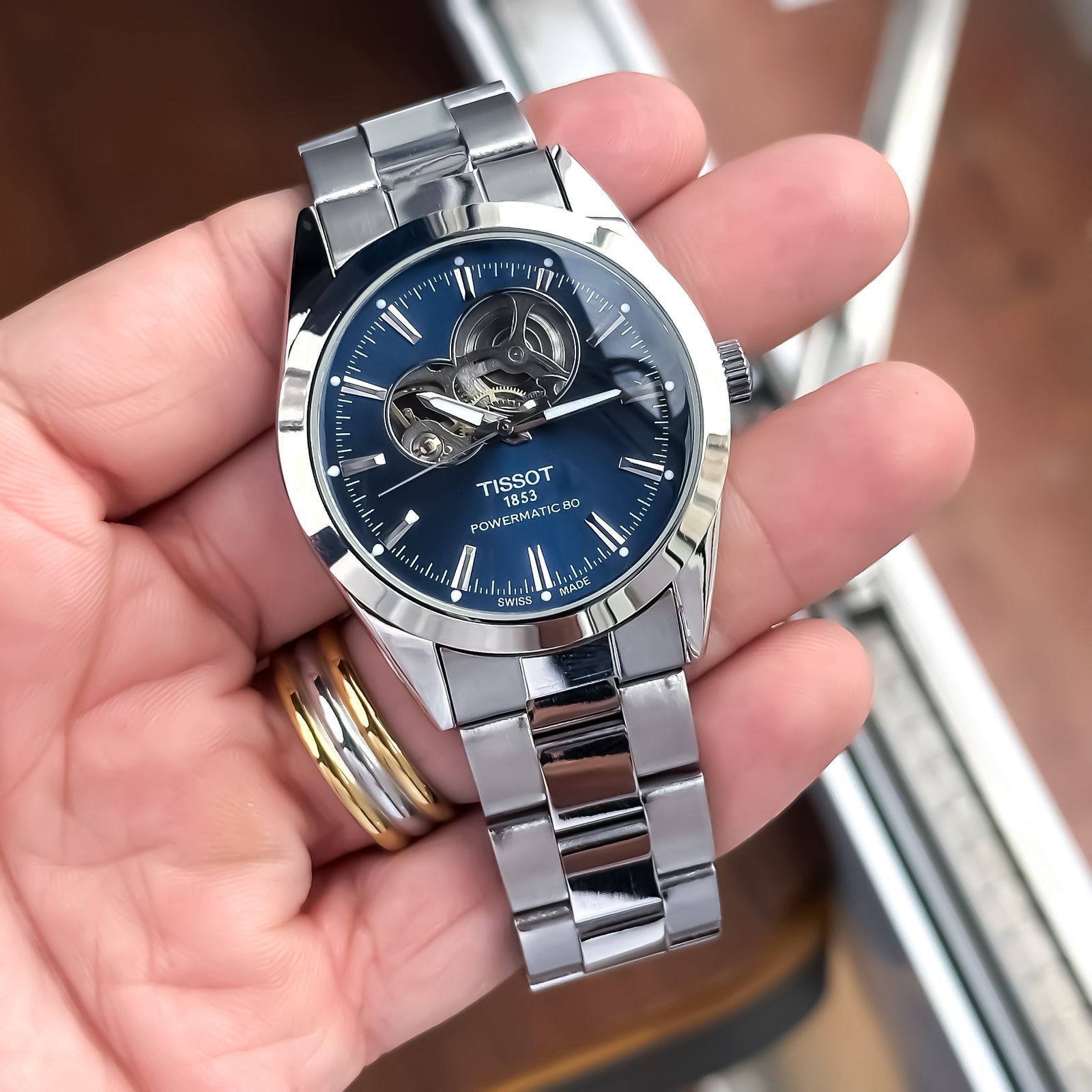tissot-powermatic-80-blue (3) Tissot Powermatic first copy – blue open dial mechanical watch.