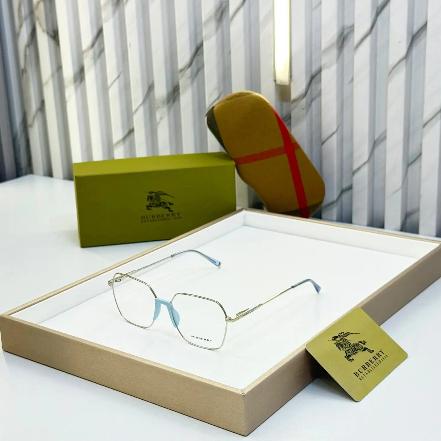 Burberry-Hexagon-Silver-Blue-Eyeglasses-1 Burberry Hexagon Silver-Blue Eyeglasses - Image 1