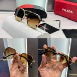 Prada Geometric Brown Gradient Gold Frame Sunglasses - Image 3
