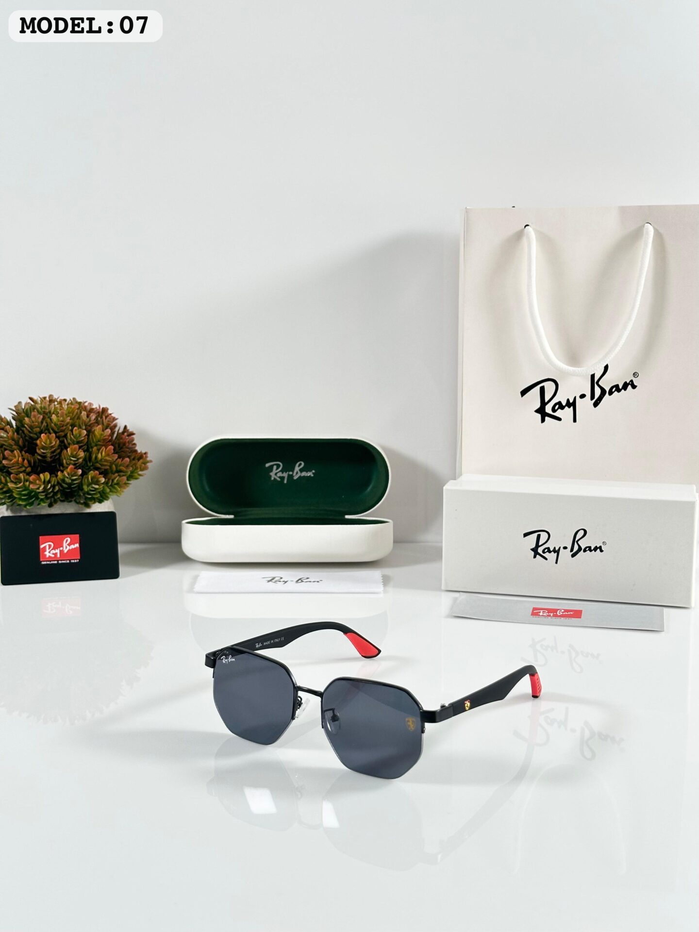 Ray-Ban-07-Square-Red-Accented-Metal-Sunglasses-1 Ray-Ban 07 Square Red-Accented Metal Sunglasses - Image 1