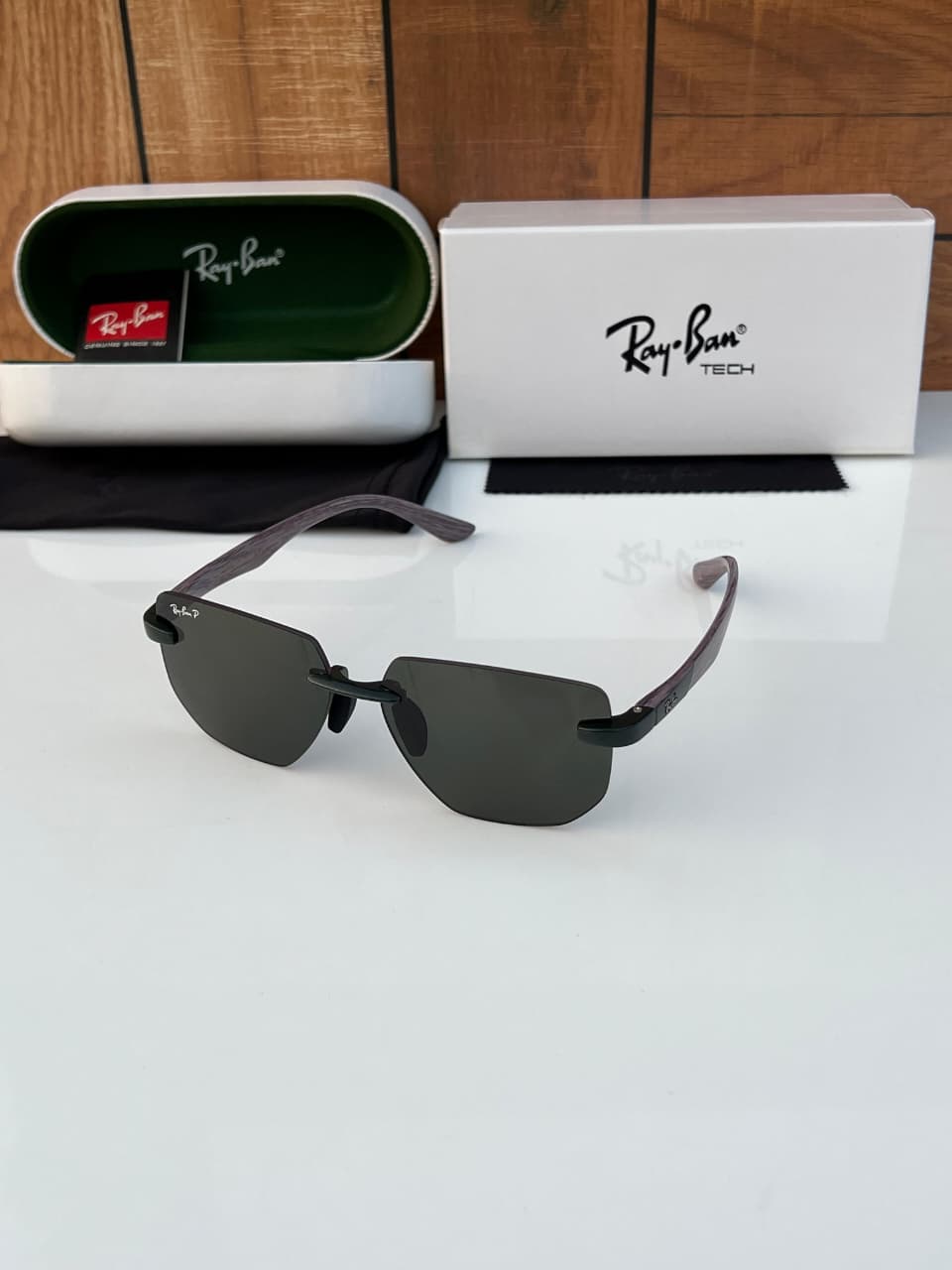 Ray-Ban-Tech-Rimless-Square-Black-Wood-Polarized-1 Ray-Ban Tech Rimless Square Black-Wood Polarized - Image 1