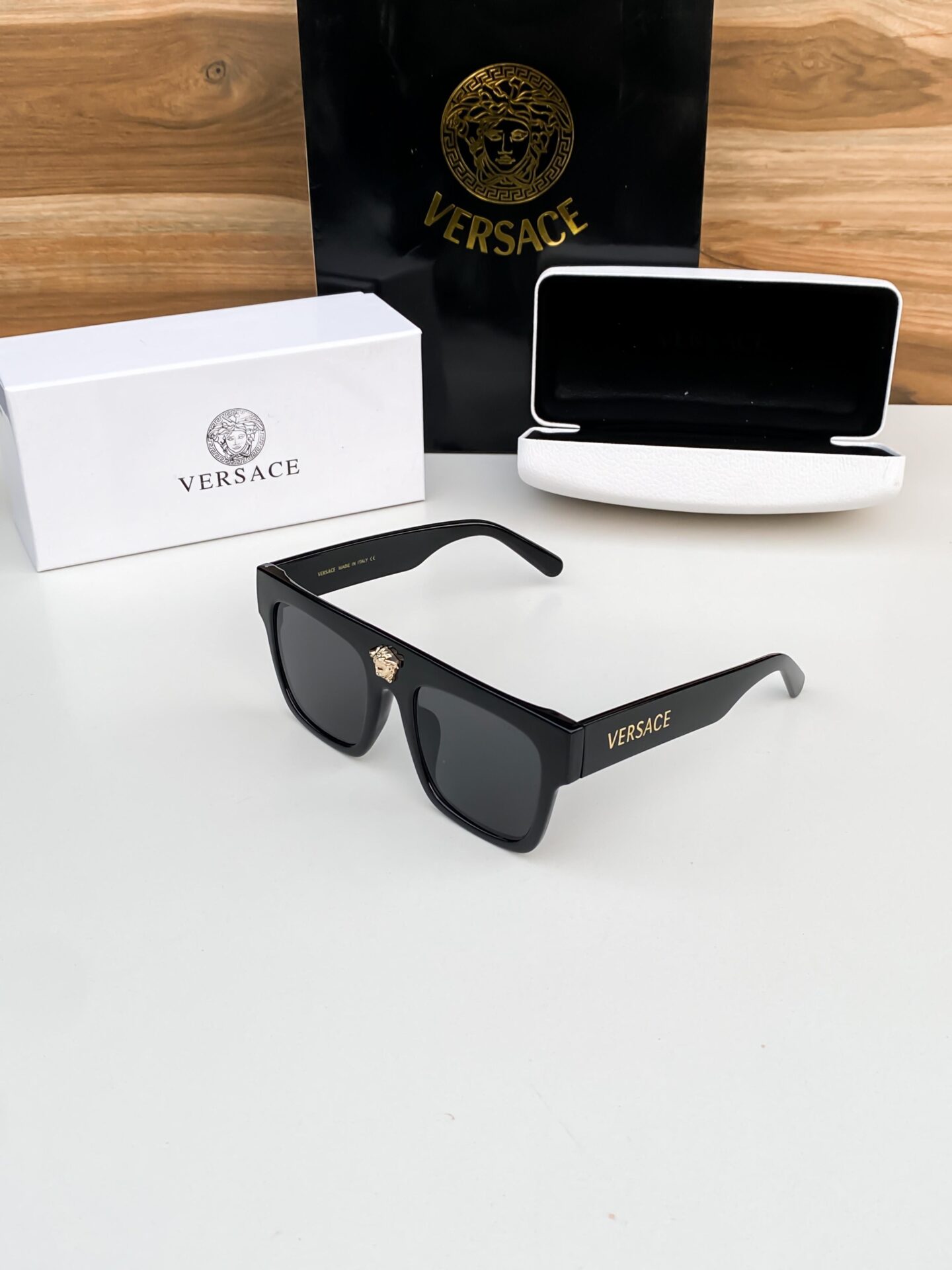 Versace-Rectangular-Black-Sunglasses-with-Gold-Logo-1 Versace Rectangular Black Sunglasses with Gold Logo - Image 1