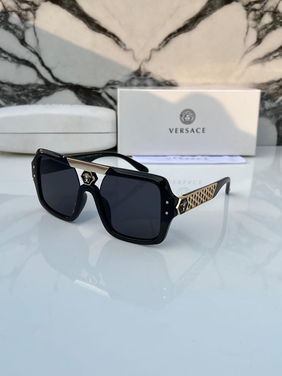 image_1-3 Versace Rectangular Sunglasses Gray/Black - Image 1